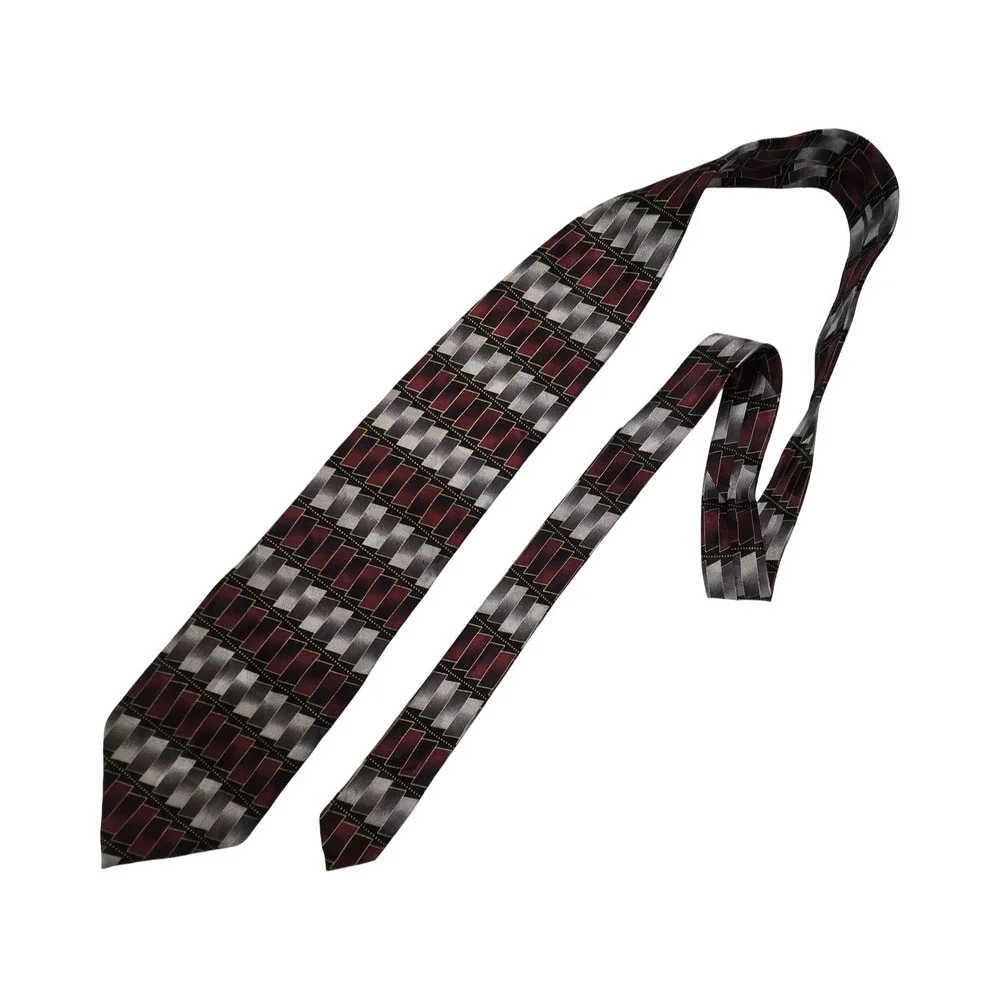 Mosaic Necktie Burgundy Silver Grey Geometric Silk Hand Made Korea Prom Hoco VTG